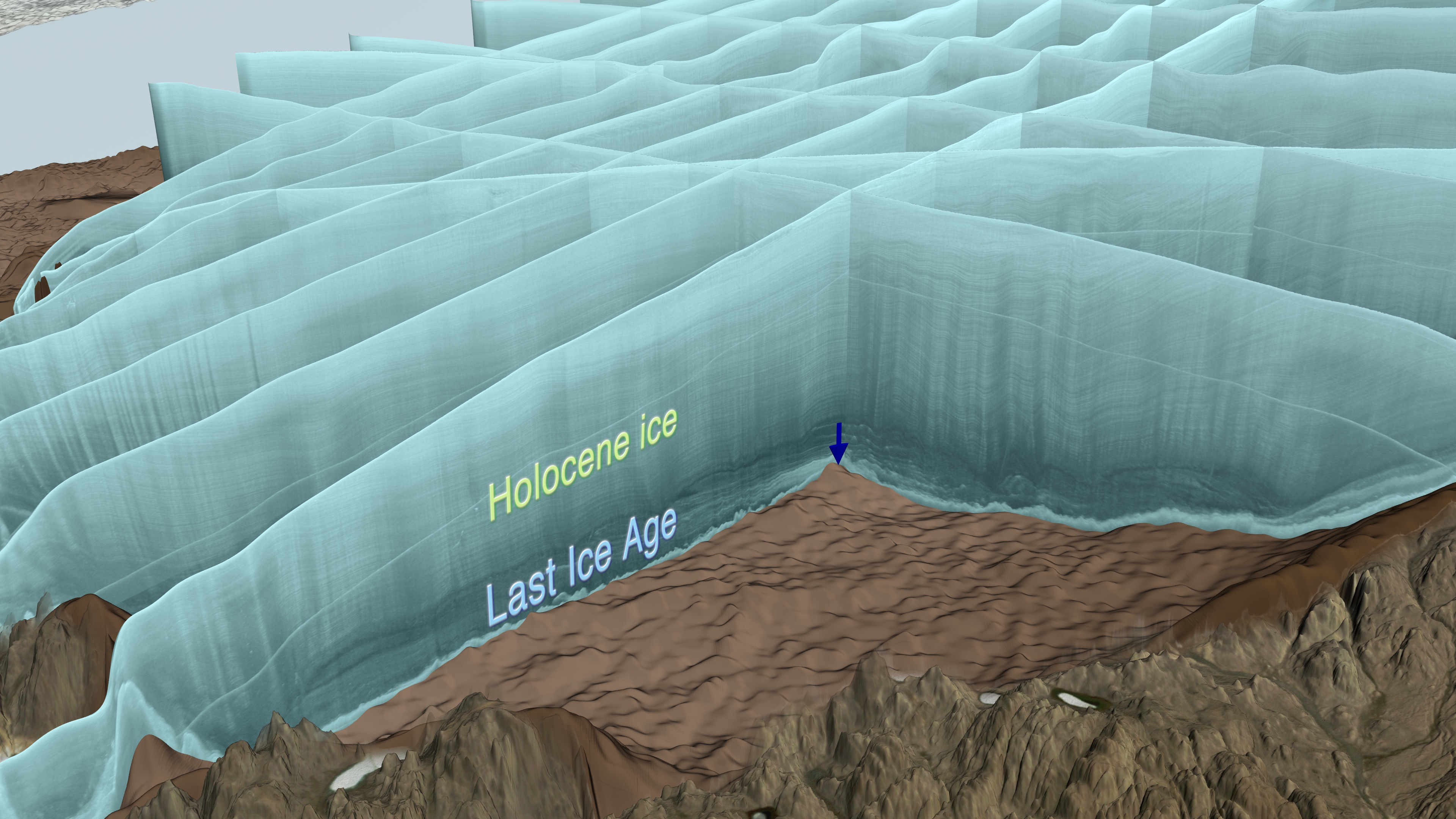 Measured Hiawatha radar echoes shown as curtains, revealing layered ice over the crater bed in NASA’s reconstructed landscape